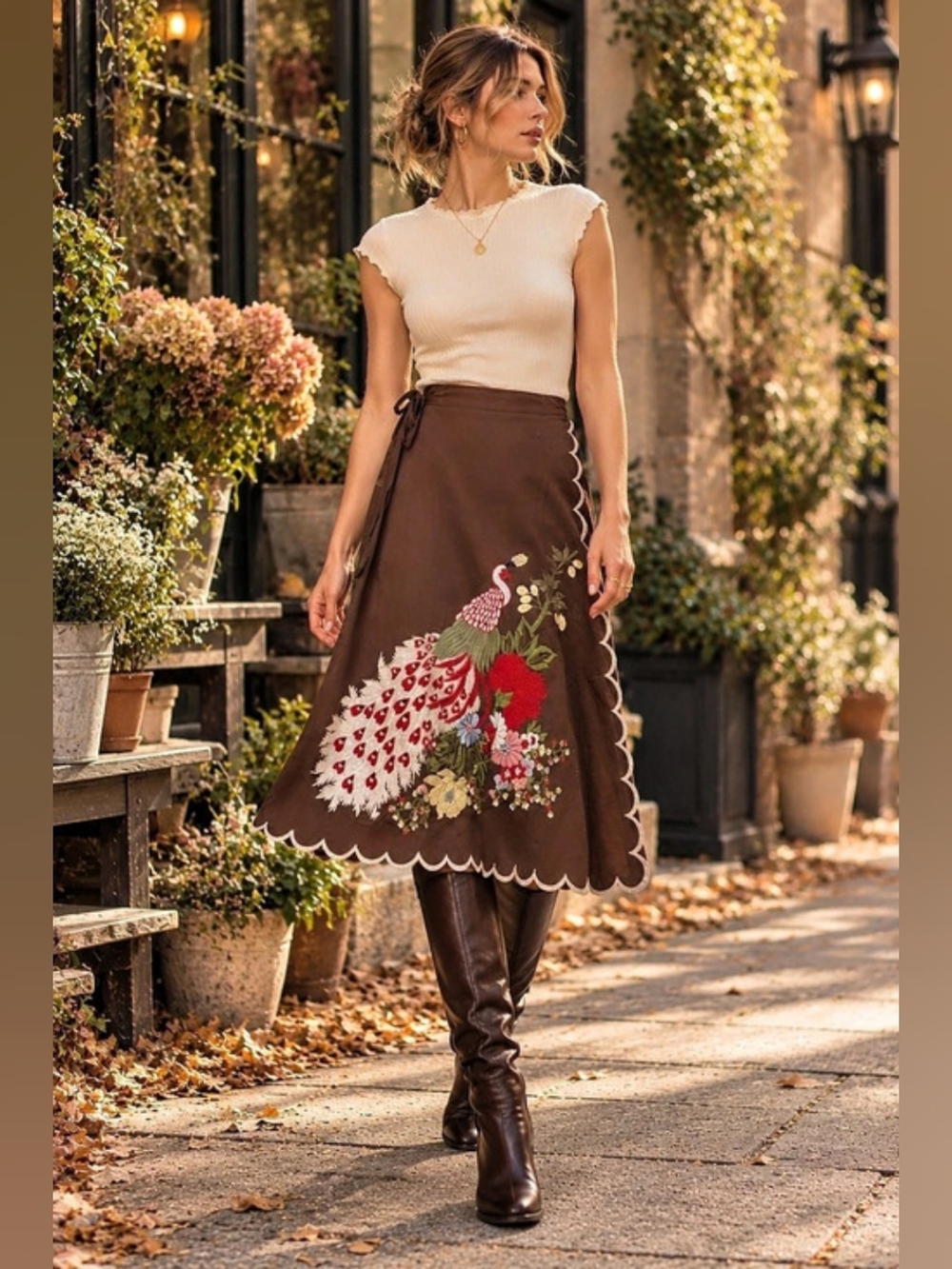 Vintage 70s Peacock Floral Embroidered Scalloped Wrap Skirt Chocolate Brown S/M